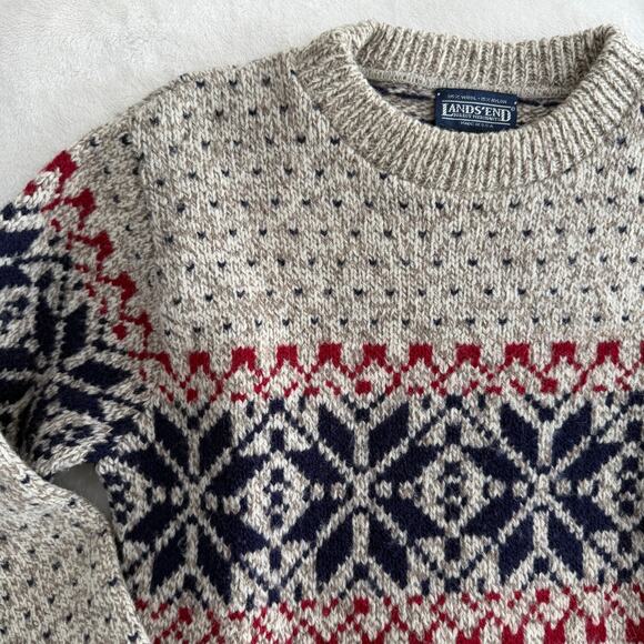 Vintage Lands End Sweater Men Small Fair Isle Wool Knit Nordic Ski Fisherman - Picture 2 of 8